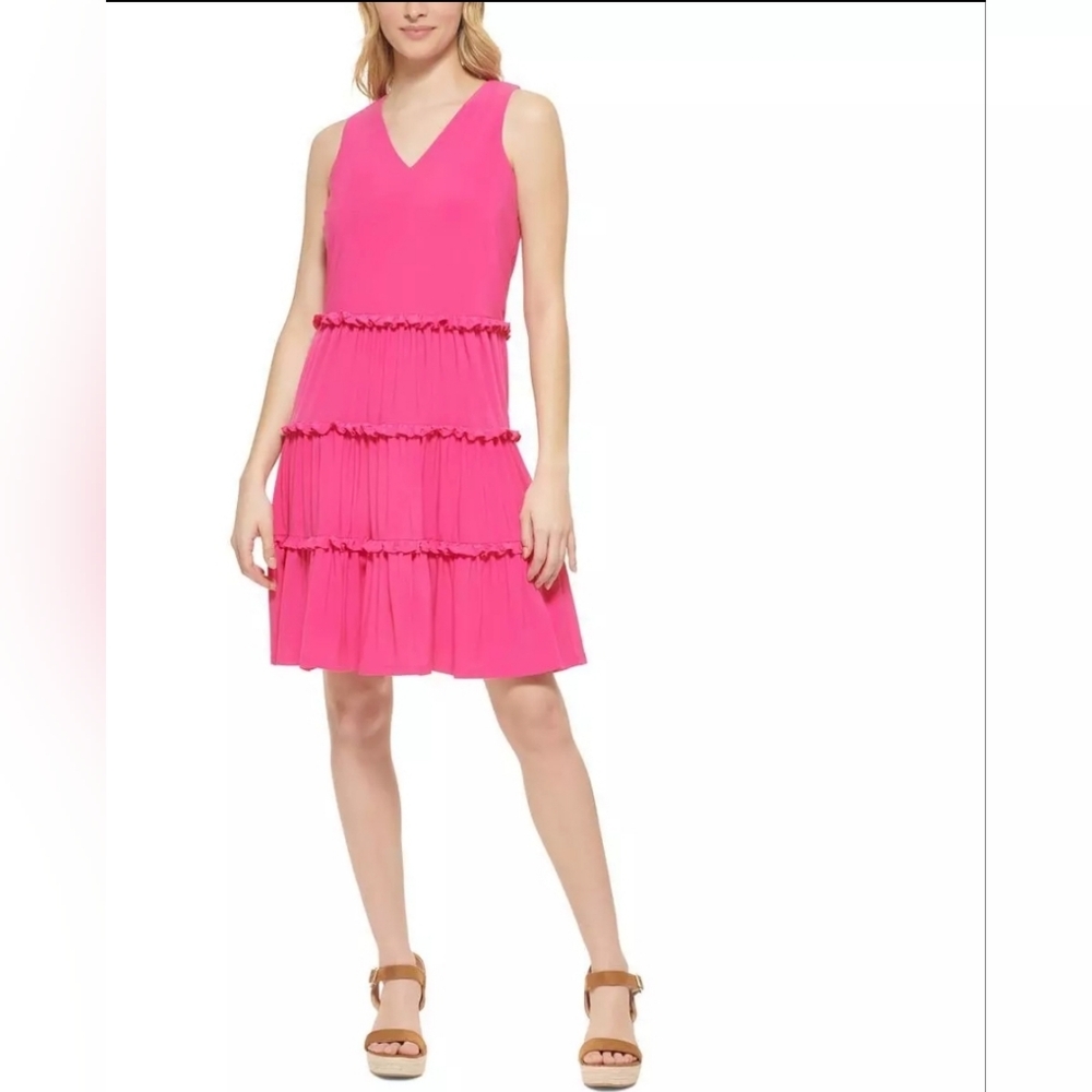 NWT Tommy Hilfiger Tiered Mini Sleeveless Shift Dress Hibiscus 8 - Picture 2 of 5